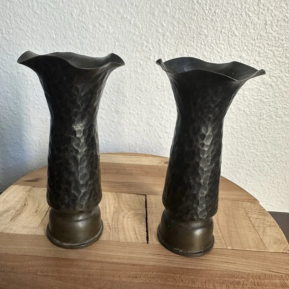 Pair WW1 1916 French Trench Art Vases 5.5 Inch Artillery Shell Brass‎ Dimpled